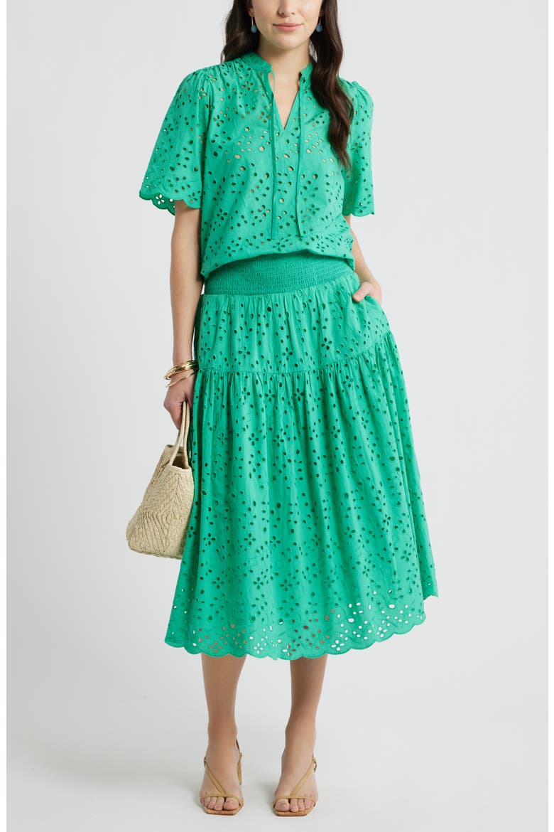 Eyelet Split Neck Cotton Top, Alternate, color, GREEN EASE