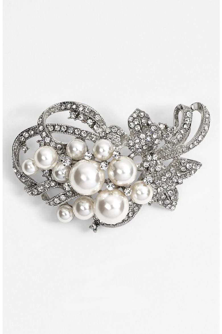 'Jaela' Faux Pearl & Crystal Brooch, Main, color, IVORY