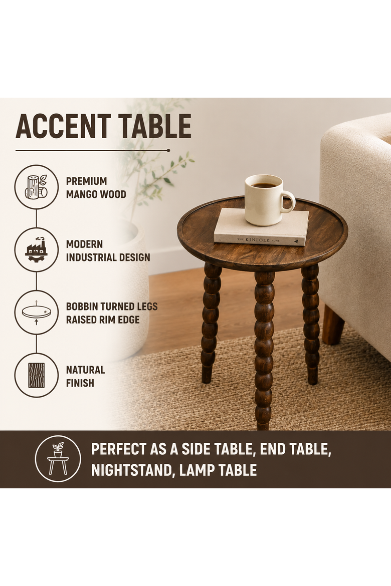 Mango Wood Round Accent Table with Metal Legs, Knockdown, Alternate, color, Dark Brown