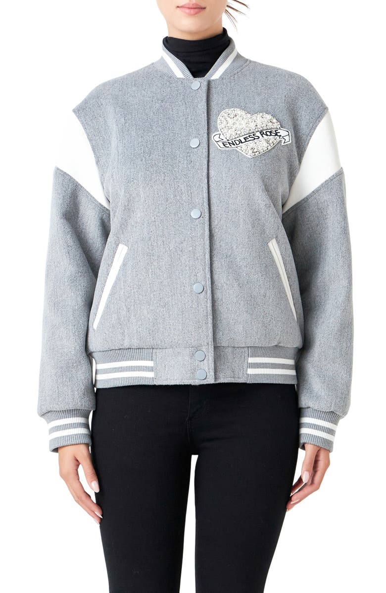 Endless Rose Beaded Patch Detail Bomber Jacket, Main, color, Heather Grey
