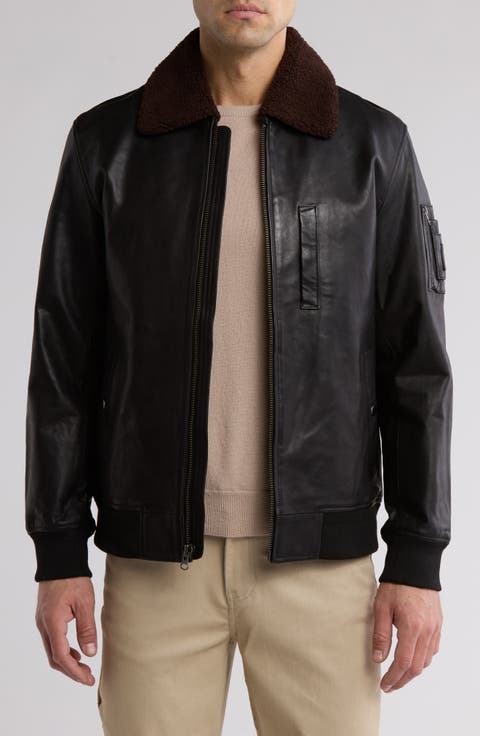 Faux Shearling Collar Leather Aviator Jacket