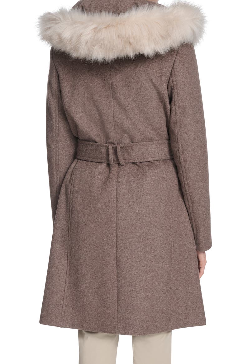 Slick Wool Blend Coat with Faux Fur Trim Hood, Alternate, color, PORTOBELLO