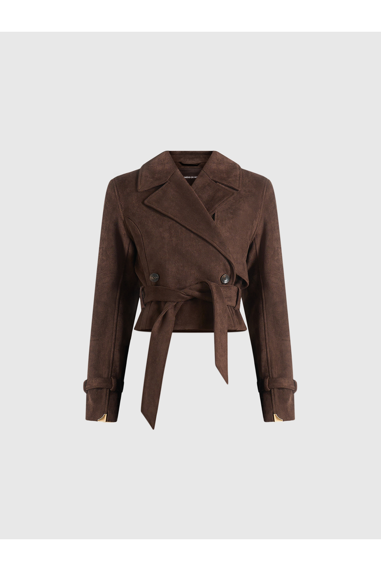 Poppy Belted Cropped Suede Trench Jacket, Alternate, color, Brown