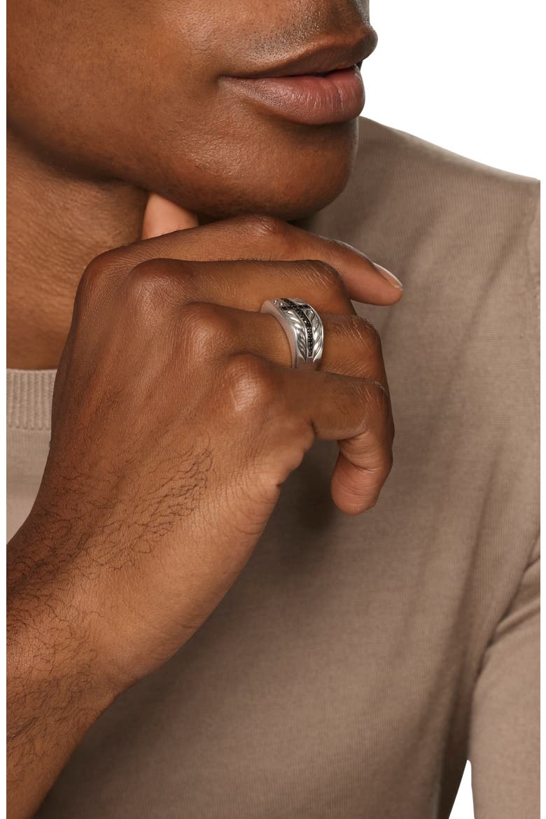 Chevron Three Sided Signet Ring, Sterling Silver with Black Diamonds, 12.5mm, Alternate, color, SILVER PAVE