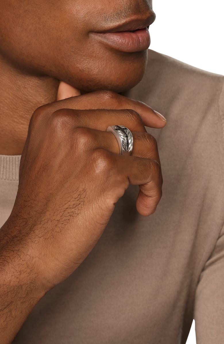 David Yurman Chevron Three Sided Signet Ring, Sterling Silver with Black Diamonds, 12.5mm, Alternate, color, Silver Pave