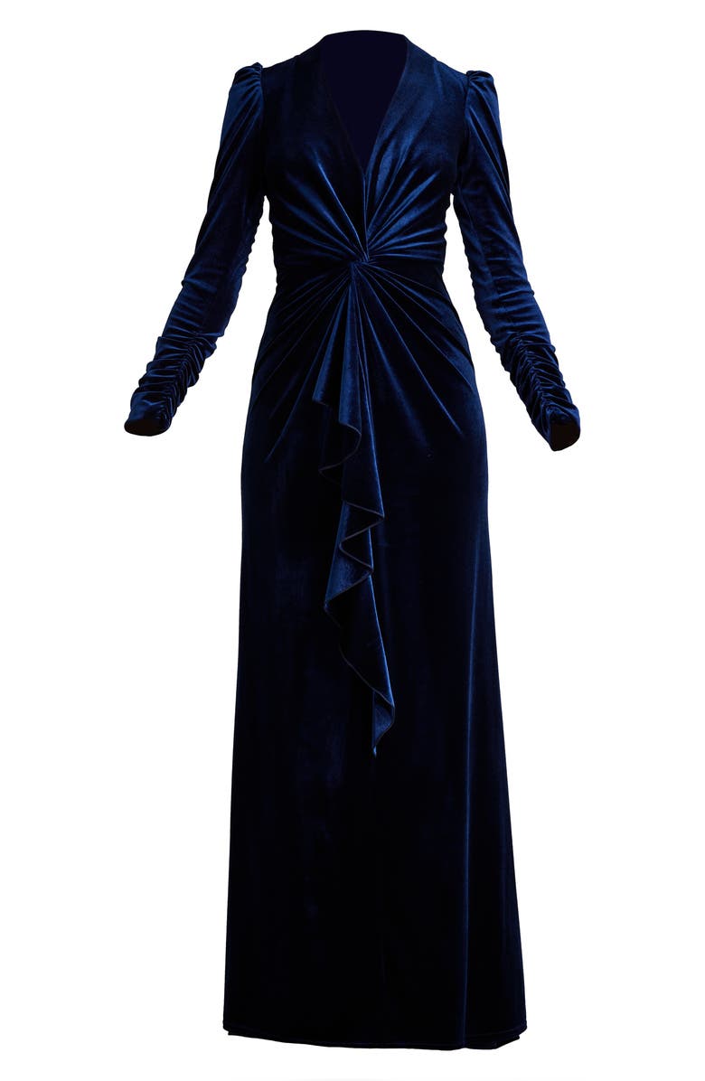 Tadashi Shoji Knot Front Long Sleeve Velvet Gown, Alternate, color, 
