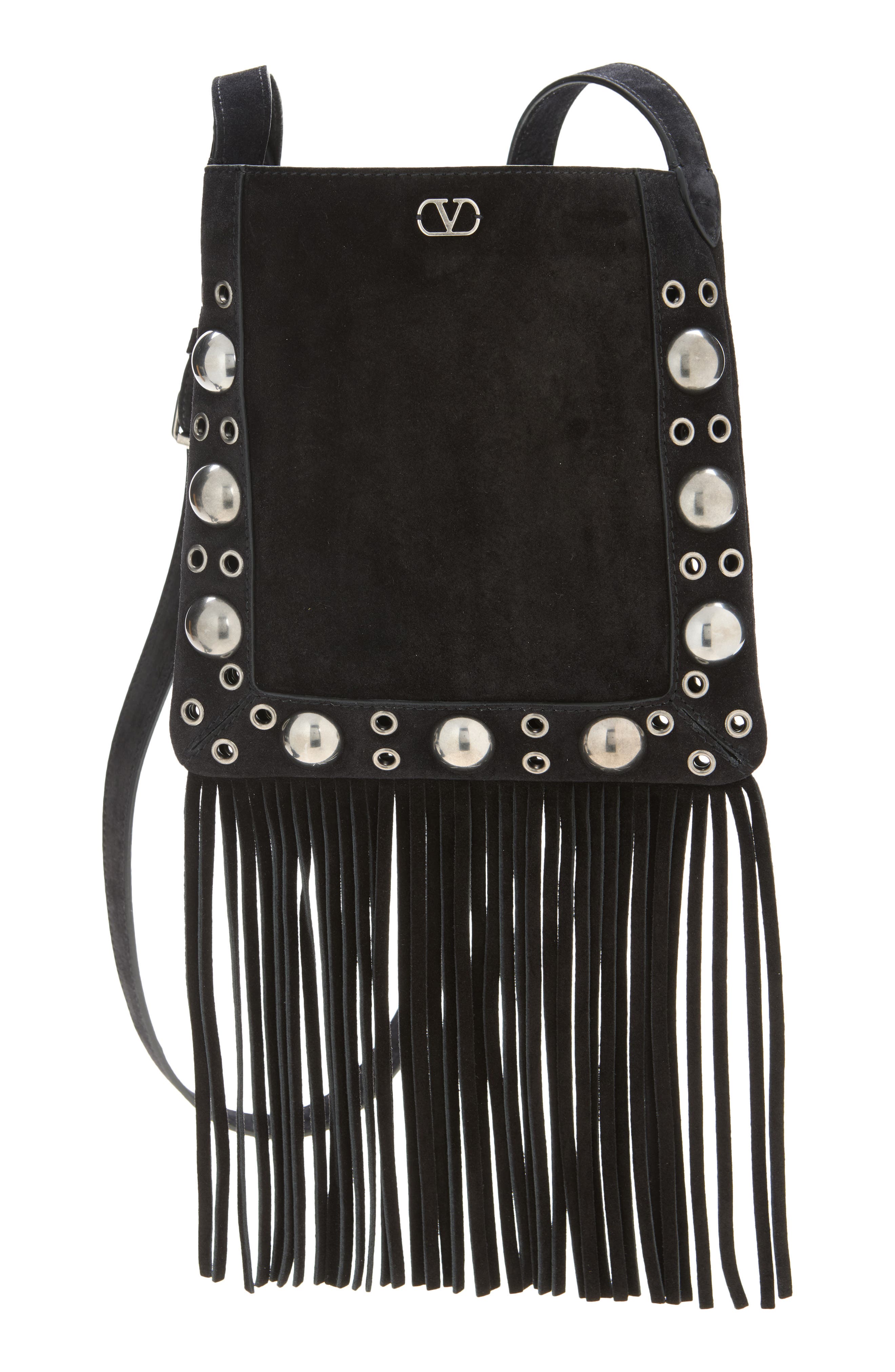 Small Nellcôte Fringe Stud Suede Crossbody Bag, Main, color, BLACK