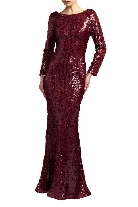 Petite Ruby Long Sleeve Cowl Back Sequin Gown