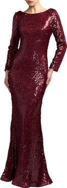 Mac Duggal High Neck Long Sleeve Cowl Back Sequin Gown