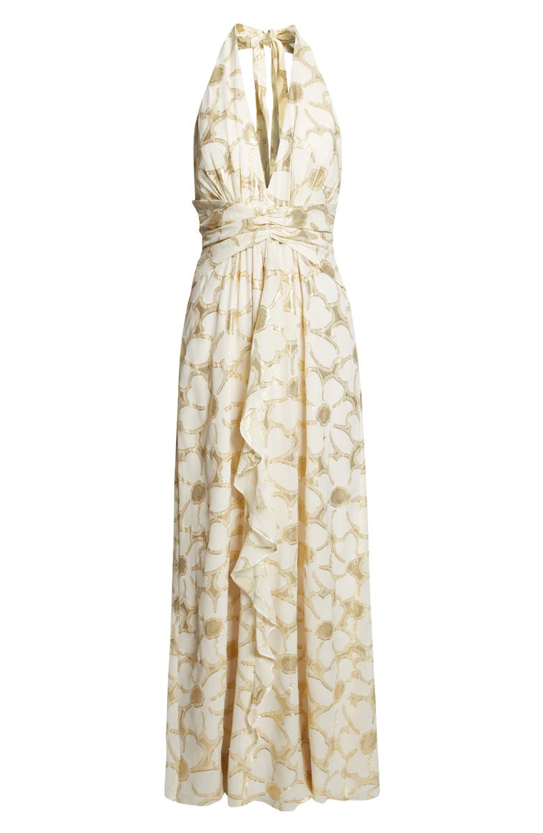 Ramy Brook Stephanie Metallic Daisy Print Halter Gown, Alternate, color, Ivory Jacquard
