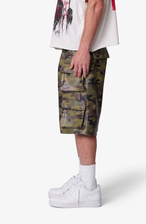 Mnml Baggy Camo Faux Leather Cargo Shorts In Green