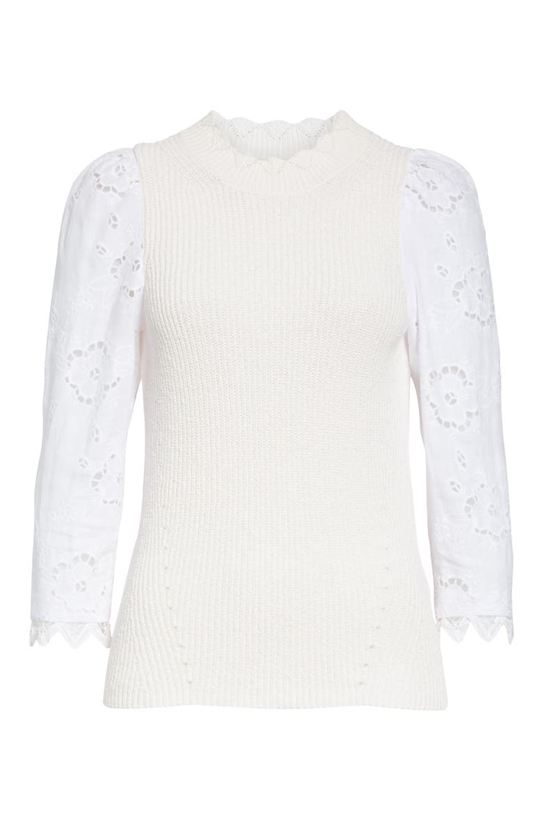 Mix Media Eyelet Sleeve Cotton Sweater, Alternate, color, WASHED PETAL