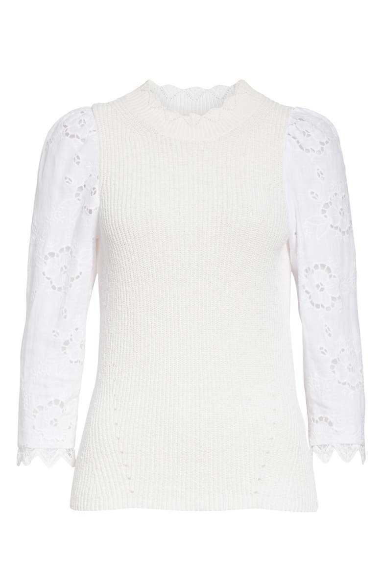 Rebecca Taylor Mix Media Eyelet Sleeve Cotton Sweater, Alternate, color, 