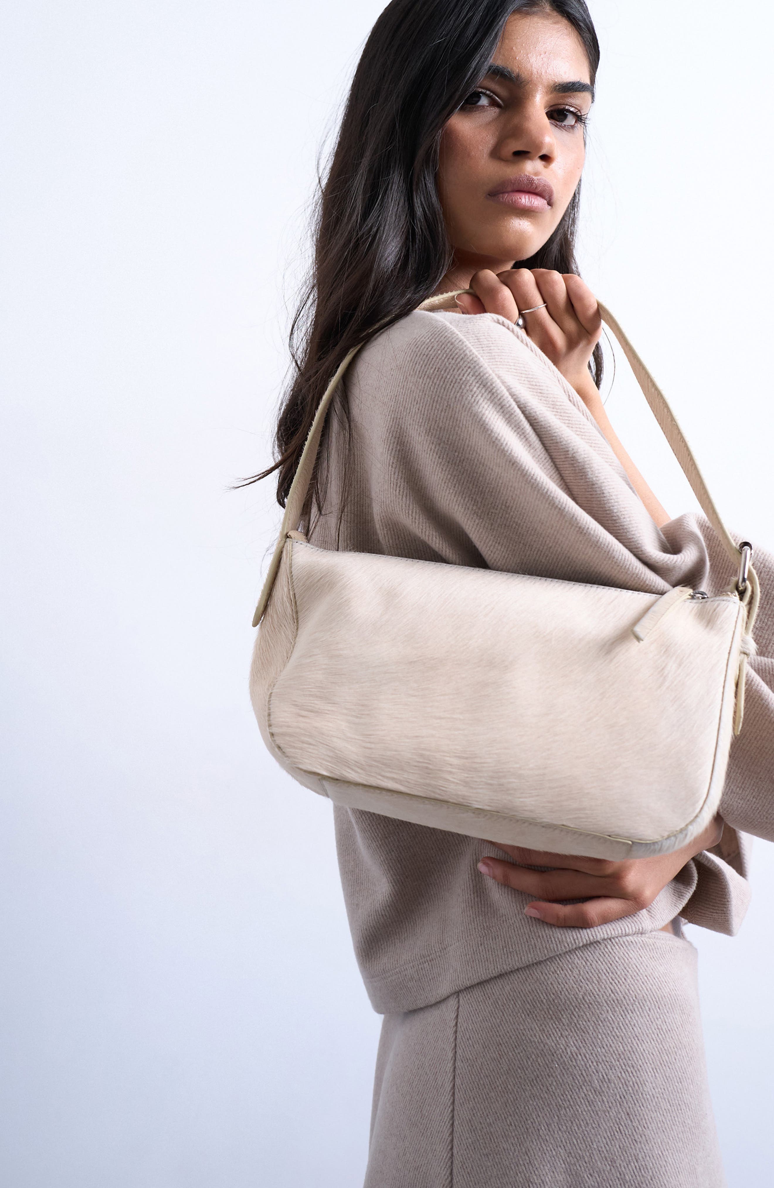 Topshop Genuine Calf Hair Shoulder Bag, Alternate, color, Cream