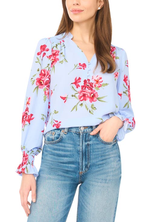 Floral Half Placket Smocked Accent Top