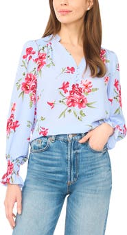 CeCe Floral Half Placket Smocked Accent Top