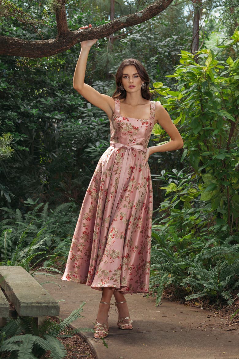 Petite Pink Floral Brocade Square-Neck Midi Dress, Alternate, color, Pink Multi
