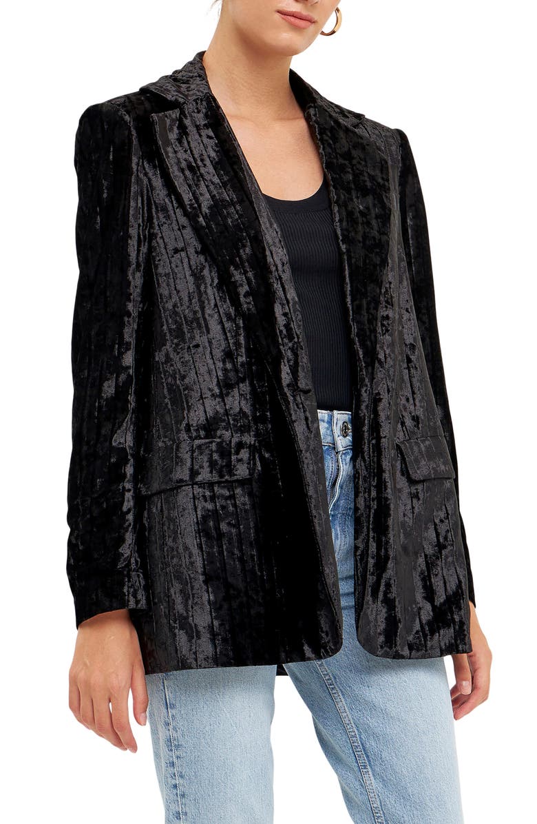 Endless Rose Pleated Crushed Velvet Blazer, Alternate, color, Black