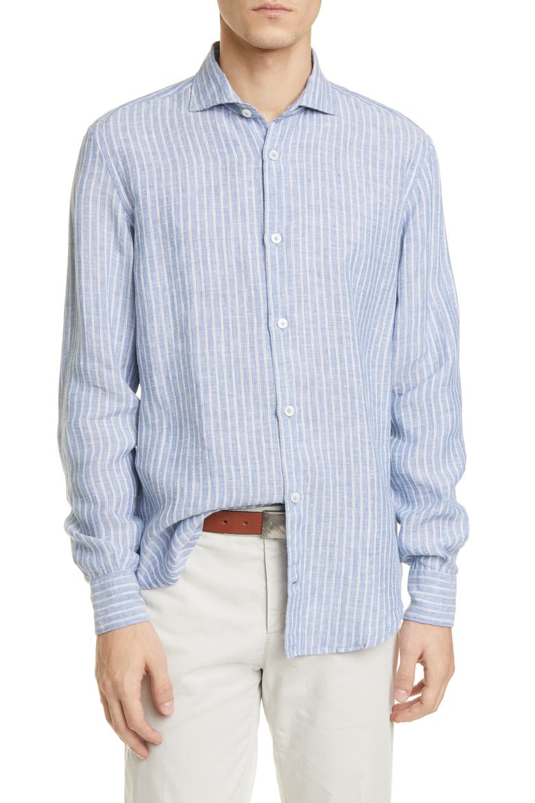 Slim Fit Stripe Linen Button-Up Shirt, Main, color, BLUE