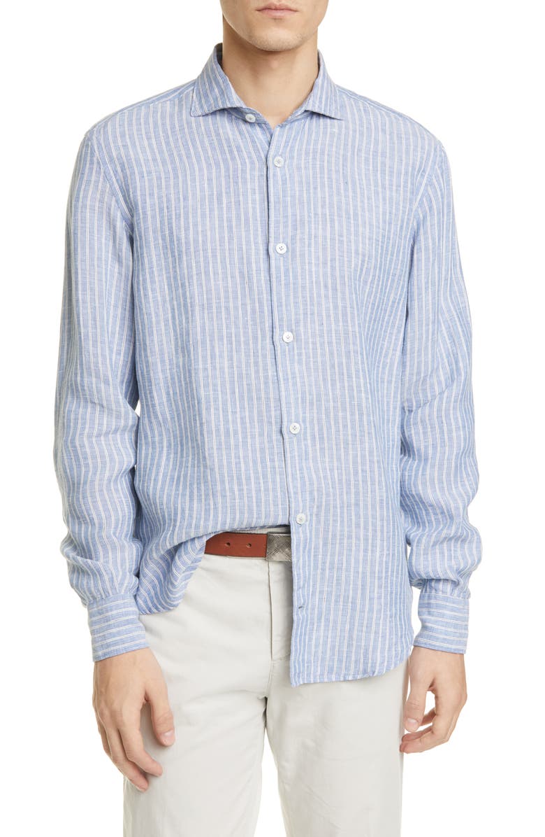 Eleventy Slim Fit Stripe Linen Button-Up Shirt, Main, color,