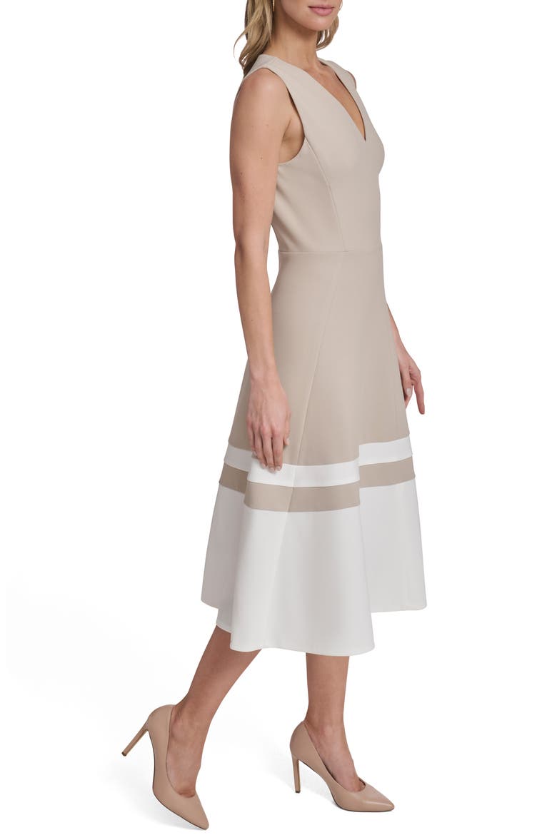 Scuba Crepe Fit & Flare Midi Dress, Alternate, color, KHAKI/ IVORY