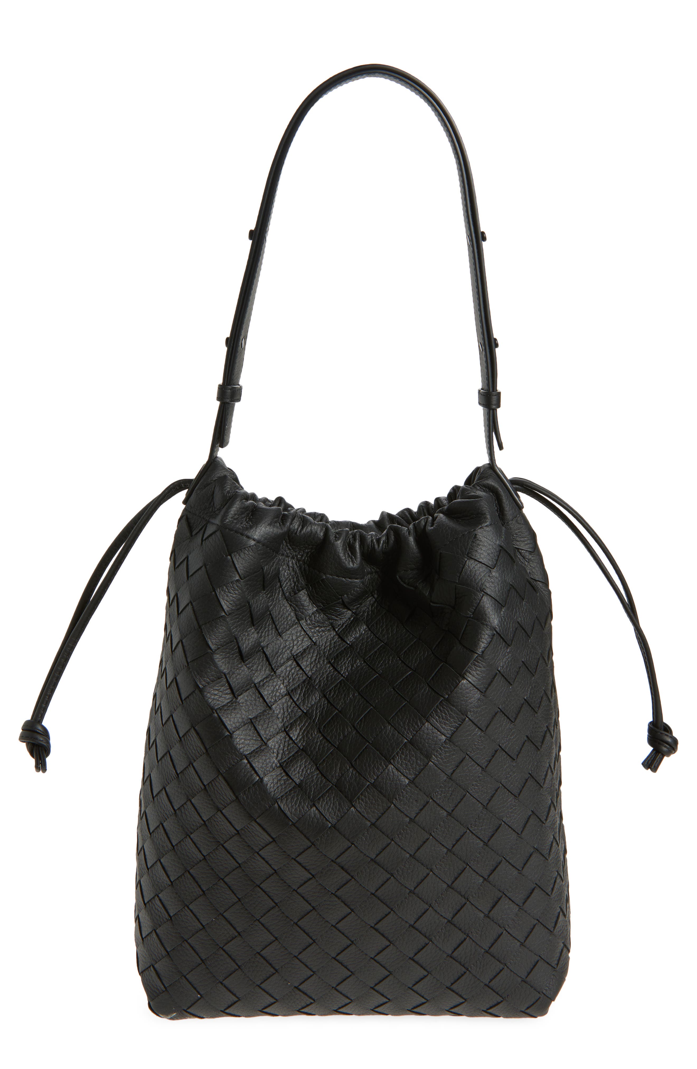 Bottega Veneta Biblioteca Intrecciato Leather Bucket Bag, Main, color, Black-Nero Opaco