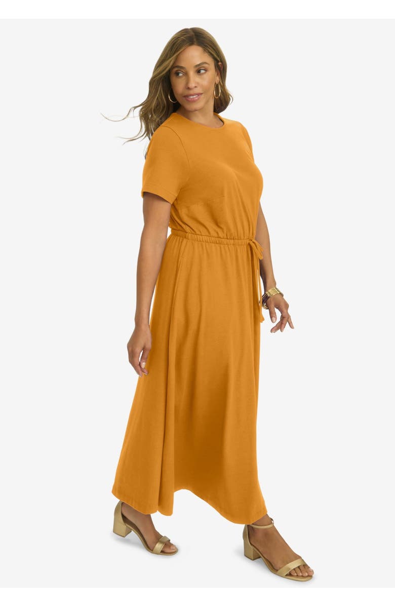 Jessica London Stretch Cotton Drawstring Maxi Dress, Alternate, color, Rich Gold