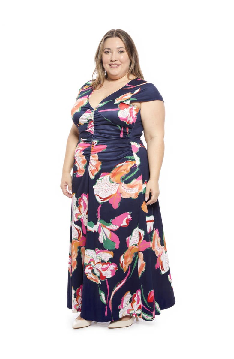 24seven Comfort Apparel Plus Size Floral V-Neck Cap Sleeve Ruched Front Maxi Length Dress, Alternate, color, Navy Multi