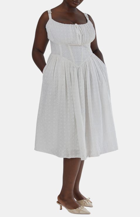 Marie Fuller Bust Embroidered Cotton Midi Corset Dress