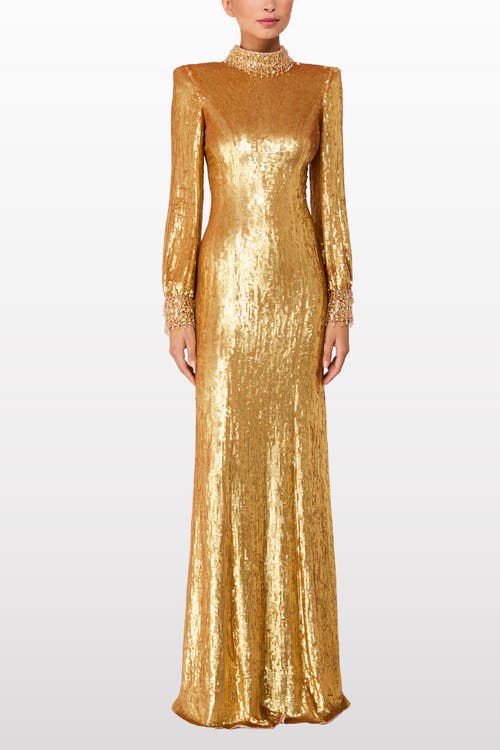 Jenny Packham Opium Sequin-embellished High-neck Gown In Gold