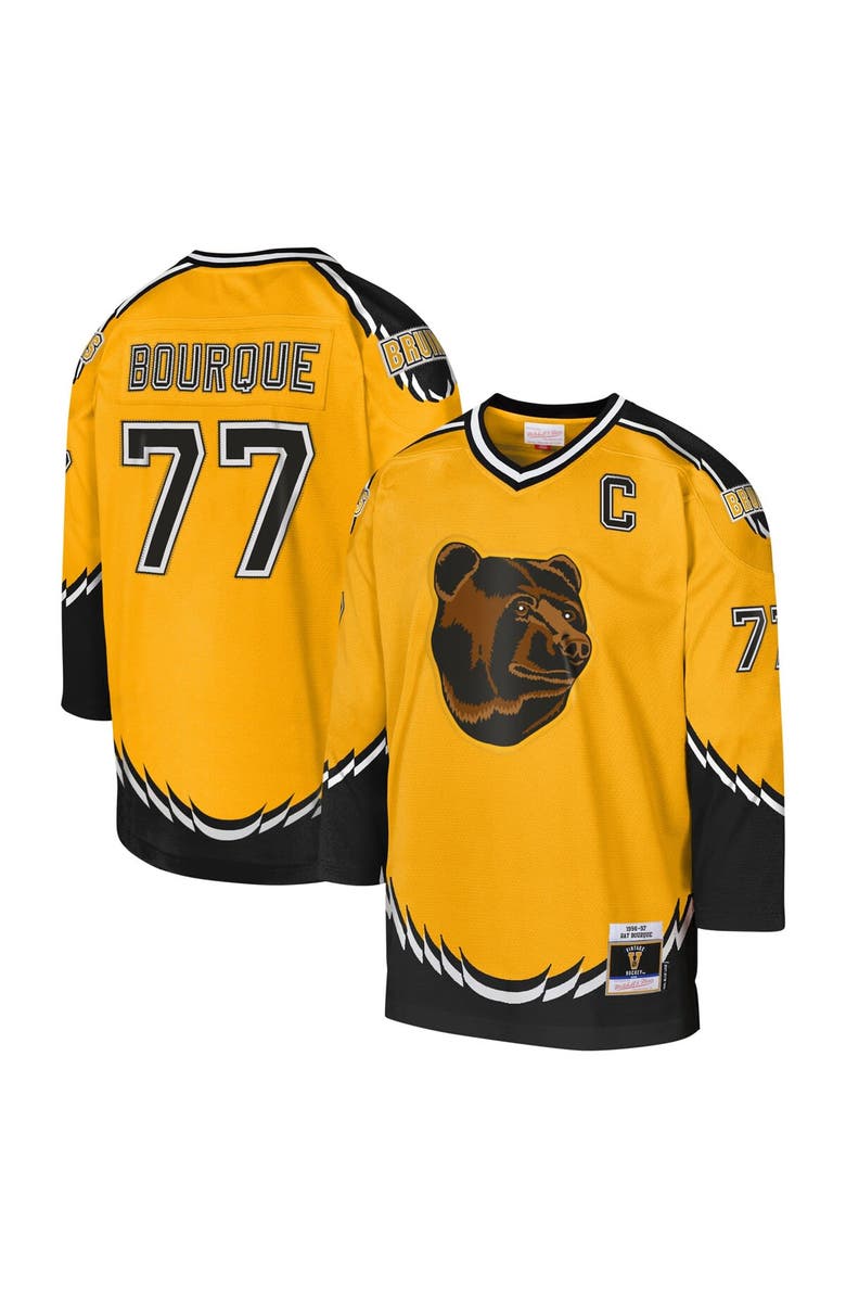 Mitchell & Ness Youth Mitchell & Ness Ray Bourque Gold Boston Bruins 1996-97 Blue Line Captain Patch Player Jersey, Main, color,