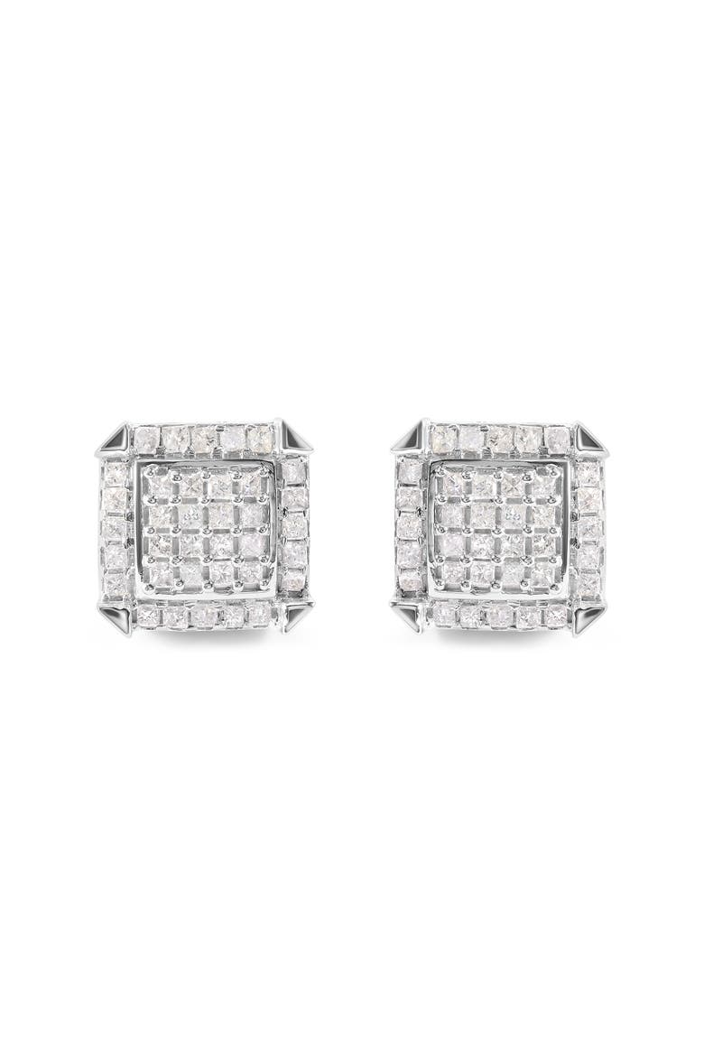 10K White Gold 1 1/10 Cttw Princess Diamond Composite and Halo Stud Earrings, Main, color, White