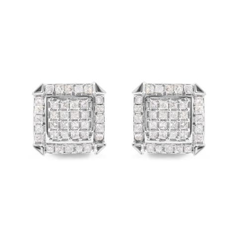 10K White Gold 1 1/10 Cttw Princess Diamond Composite and Halo Stud Earrings