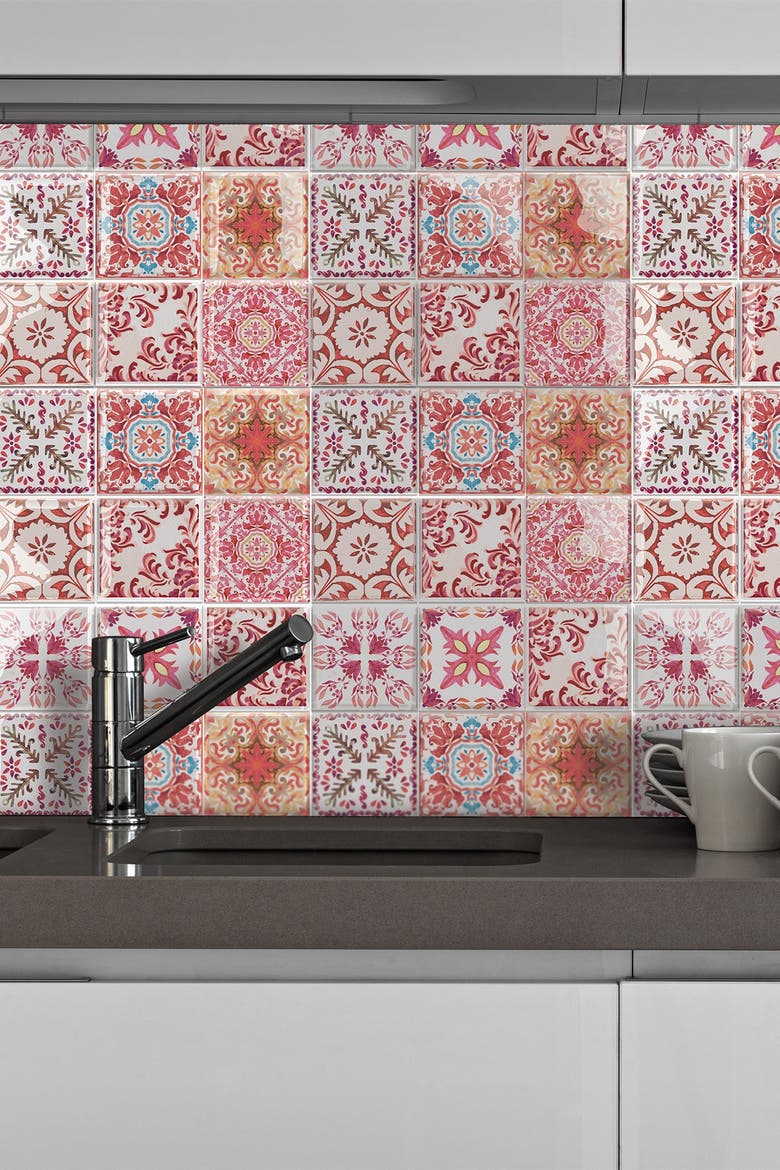 Moroccan Rose Red Mosaic Glossy 3D Sticker Tile 15.4 cm (6 in) - 16pcs in a pack, Main, color, RED