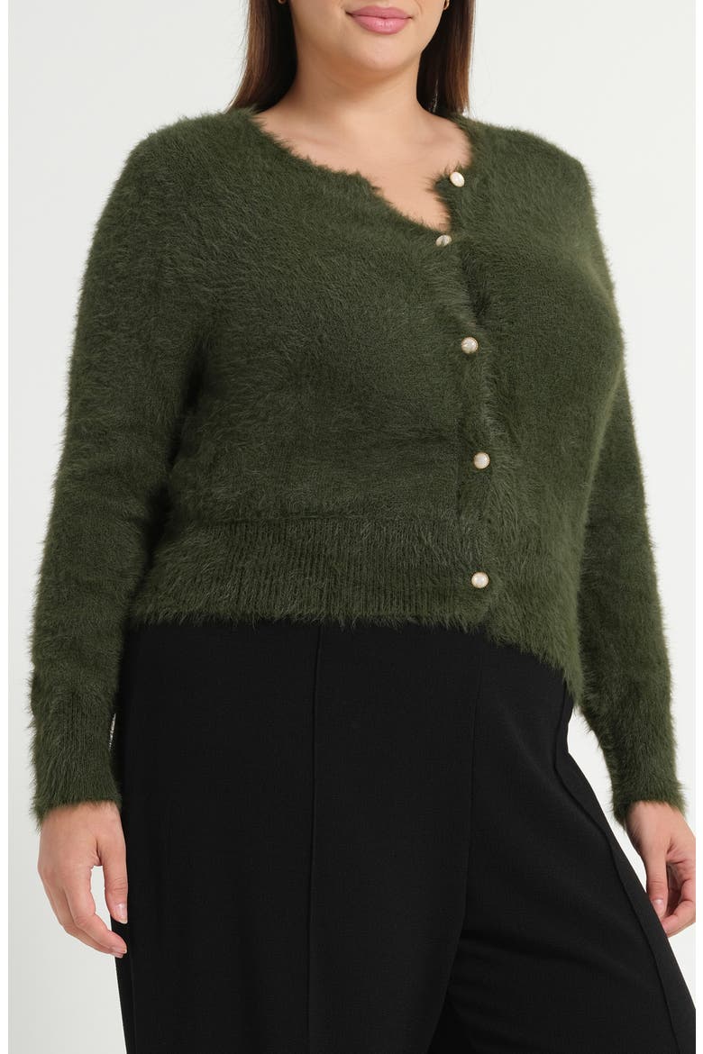 Camille Fuzzy Crewneck Cardigan, Alternate, color, OLIVE