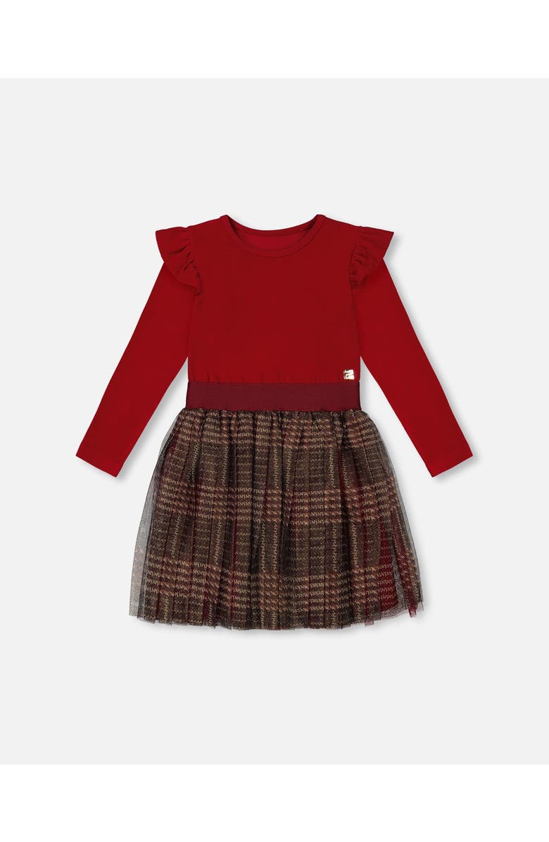 Deux par Deux Girl's Long Sleeve Dress With Glittering Tulle Skirt Red Plaid, Main, color, 