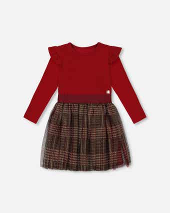 Deux Par Deux Bi-Material Dress - Jester Glittering Red Plaid Deux Par Deux Bi-Material Dress - Jester Glittering Red Plaid