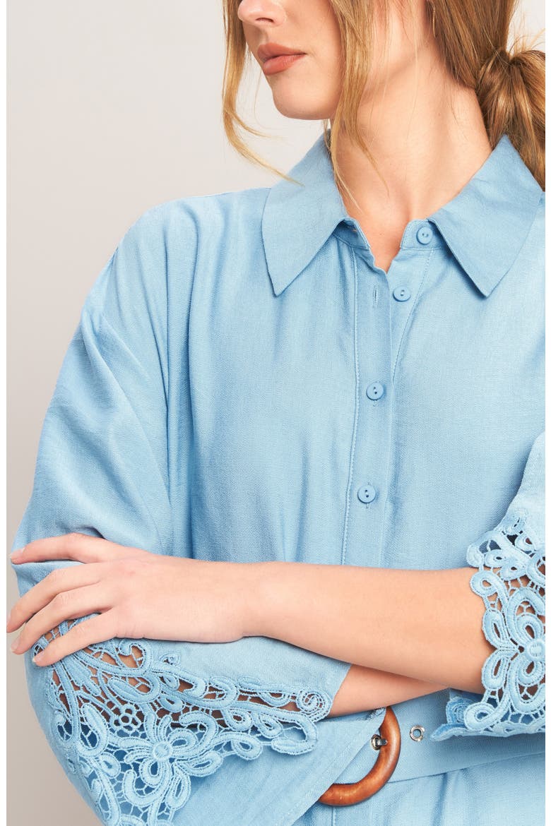 Lace Panel Long Sleeve Belted Shirtdress, Alternate, color, LIGHT BLUE