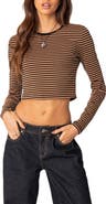 EDIKTED Montie Stripe Long Sleeve Stretch Cotton Crop Top