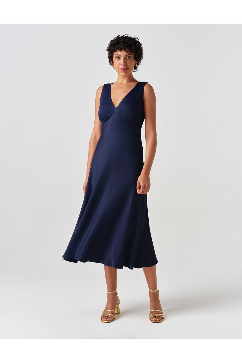 Alessia Picot V-neck Satin Midi Dress, Alternate, color, Navy