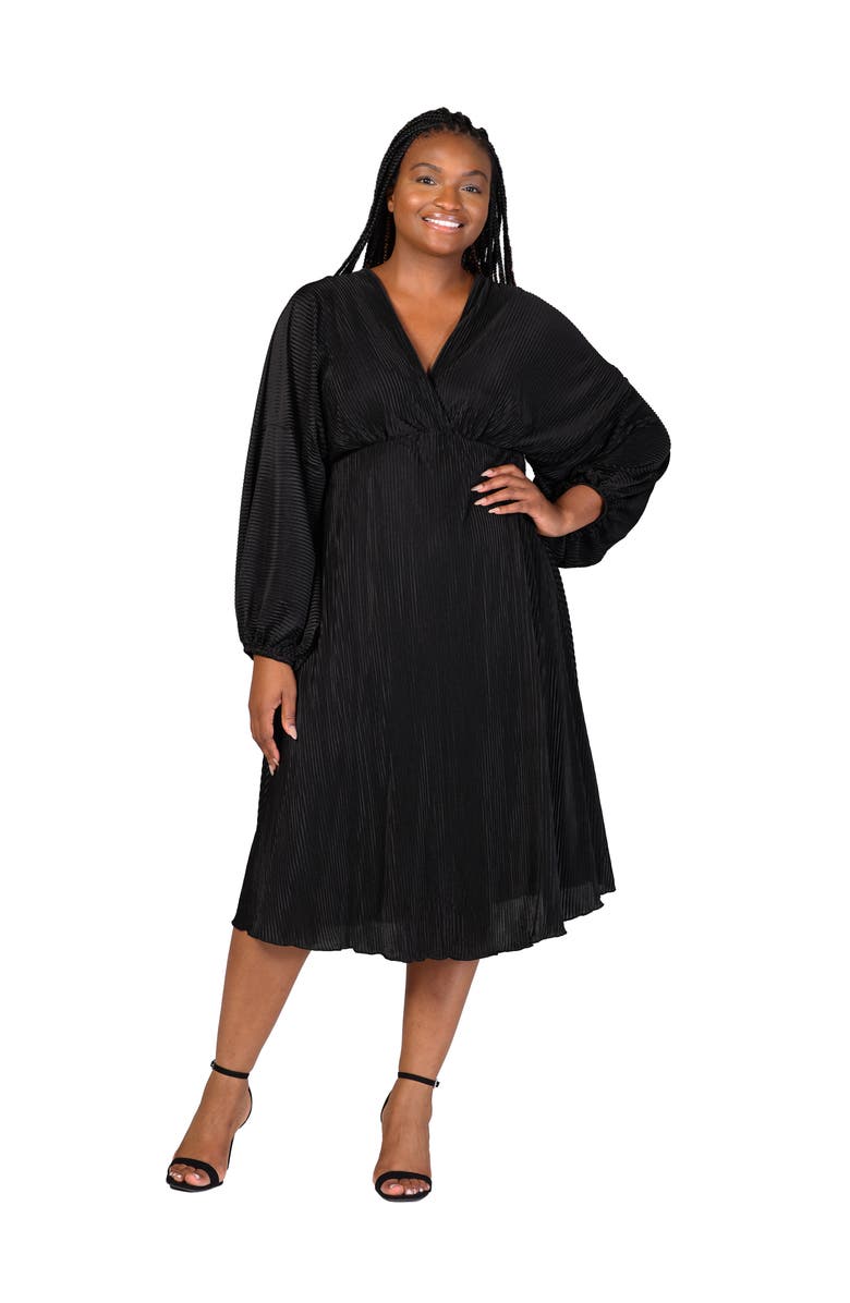 24seven Comfort Apparel V-Neck Empire Waist Bishop Sleeve Midi Dress, Main, color, Black