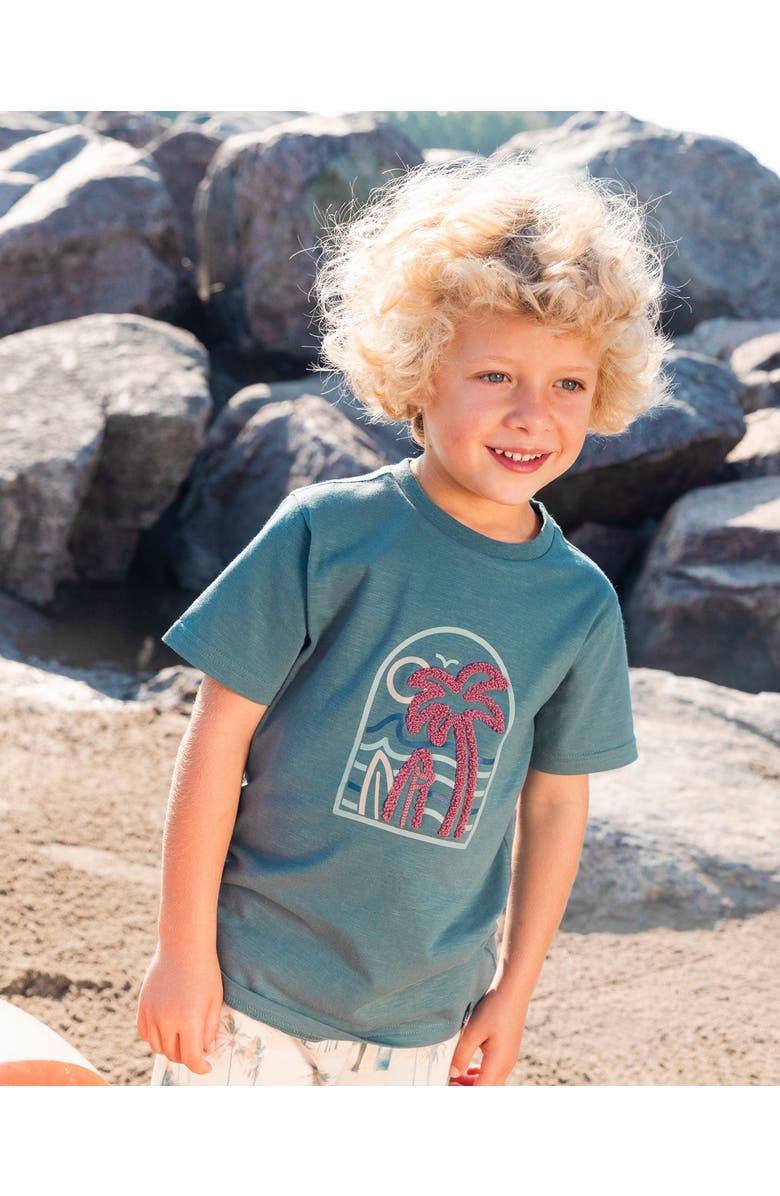 Deux par Deux Little Boy's Short Sleeve Organic Cotton Graphic Tee Teal And Dark Old Rose, Alternate, color,