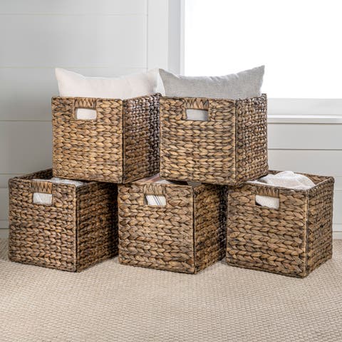 Bryce Classic Farmhouse Handwoven Hyacinth Collapsible Storage Cube Baskets with Handles, (Set of 5)