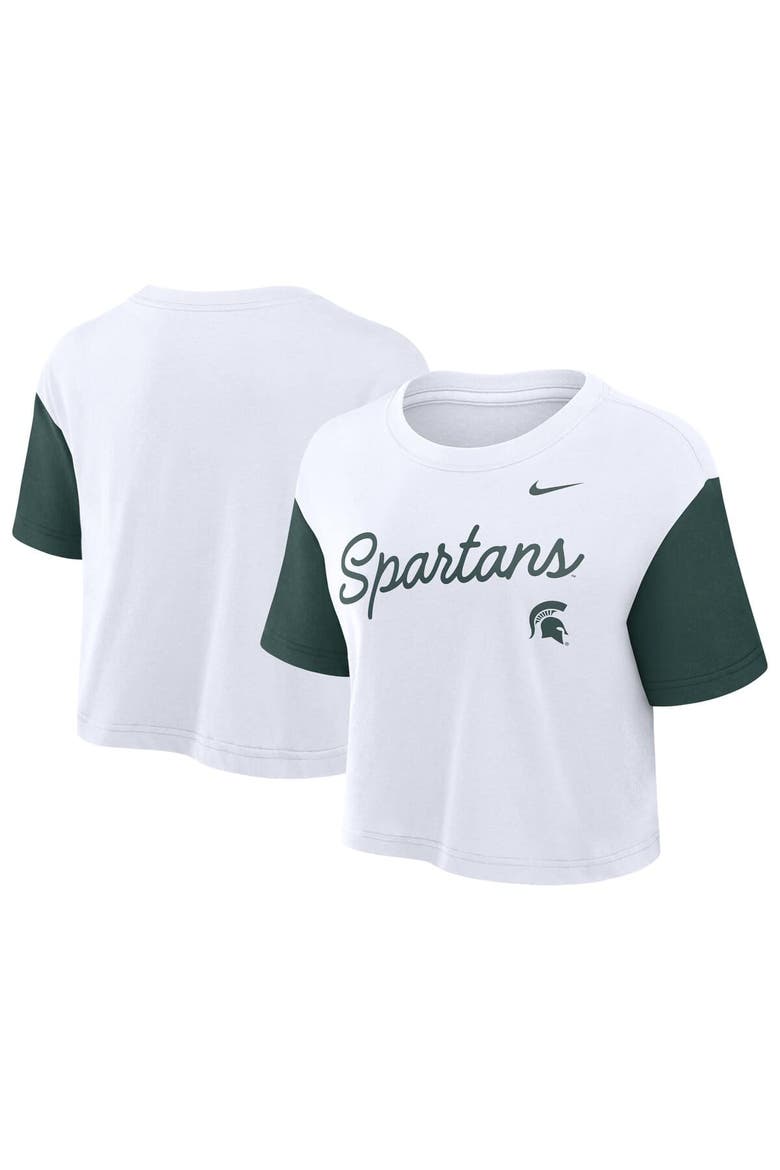 Women's Nike White/Green Michigan State Spartans Color-Block Script Performance Cropped T-Shirt, Main, color, White