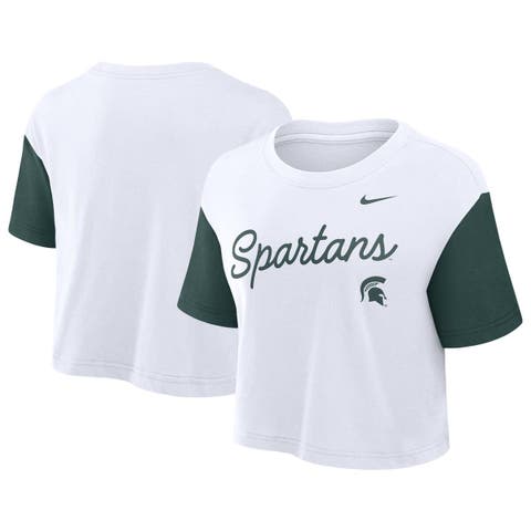 Women's Nike White/Green Michigan State Spartans Color-Block Script Performance Cropped T-Shirt