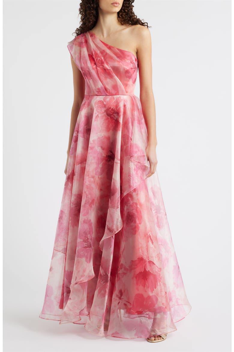 One-Shoulder Floral Chiffon Gown, Main, color, POPPY