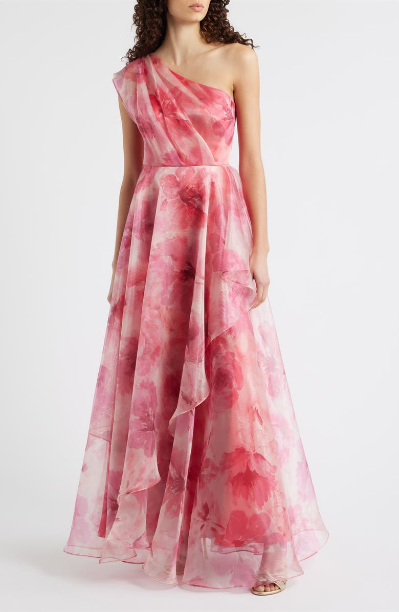 Eliza J One-Shoulder Floral Chiffon Gown, Main, color, Poppy