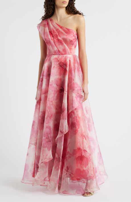 One-Shoulder Floral Chiffon Gown