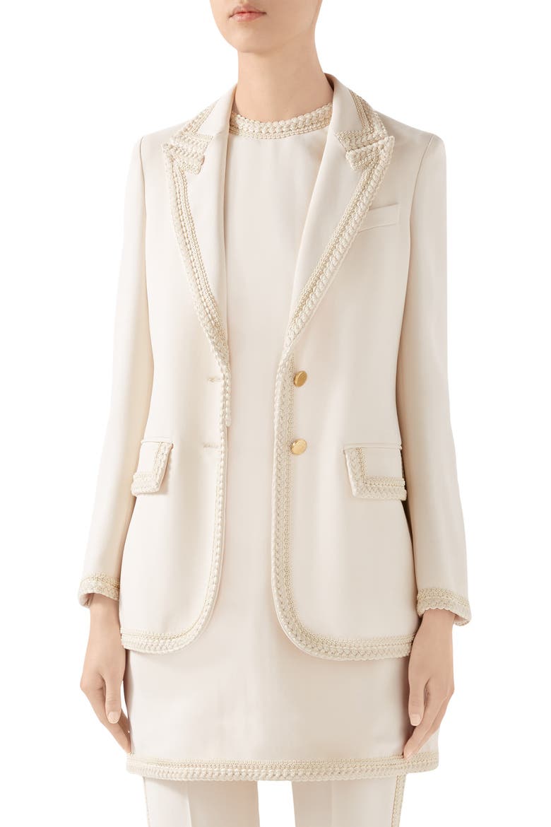 Passementerie Trim Stretch Cady Blazer, Main, color, NINFEA WHITE/ MIX