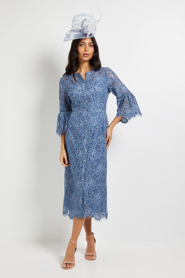 Lace Button Flute Sleeve Midi Dress, Main, color, Blue